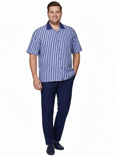 Men’s Blue and White Vertical Stripe Short Sleeve Shirt Set – Casual Summer Two-Piece Outfit 6   - from alligatorwarehouse.com