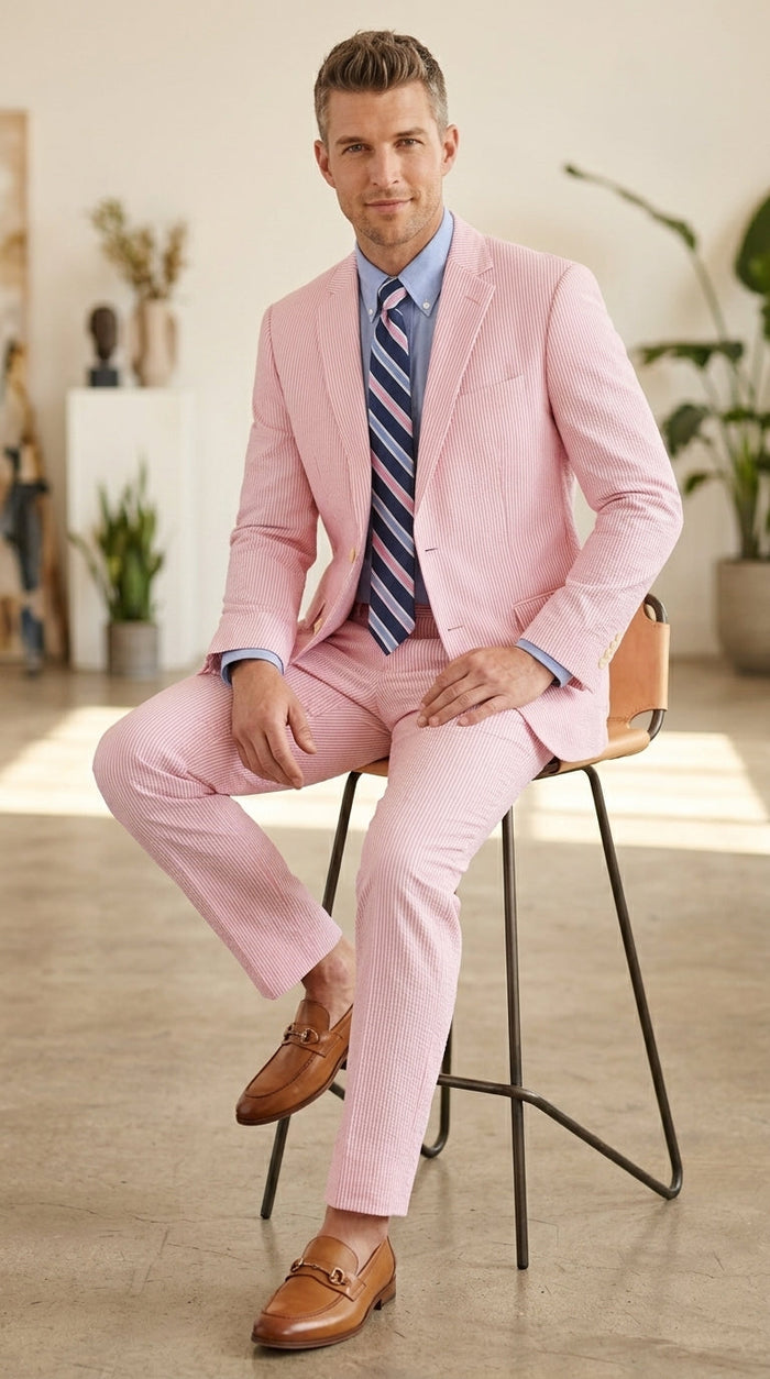 Men’s Pink Seersucker 2 Piece Suit, Lightweight Summer Dress Suit for Weddings, Prom, Parties, and Special Occasions