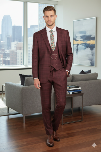 Men’s Burgundy Checkered 3-Piece Suit – Windowpane Classic Fit Plaid Blazer with Vest and Pants 6   - from alligatorwarehouse.com