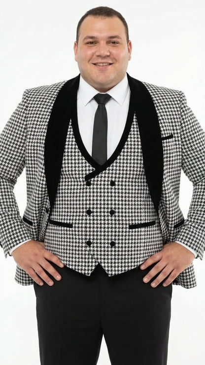 Men’s Black and White Houndstooth Tuxedo Set with Velvet Shawl Lapel | 3-Piece Formal Suit with Double-Breasted Vest