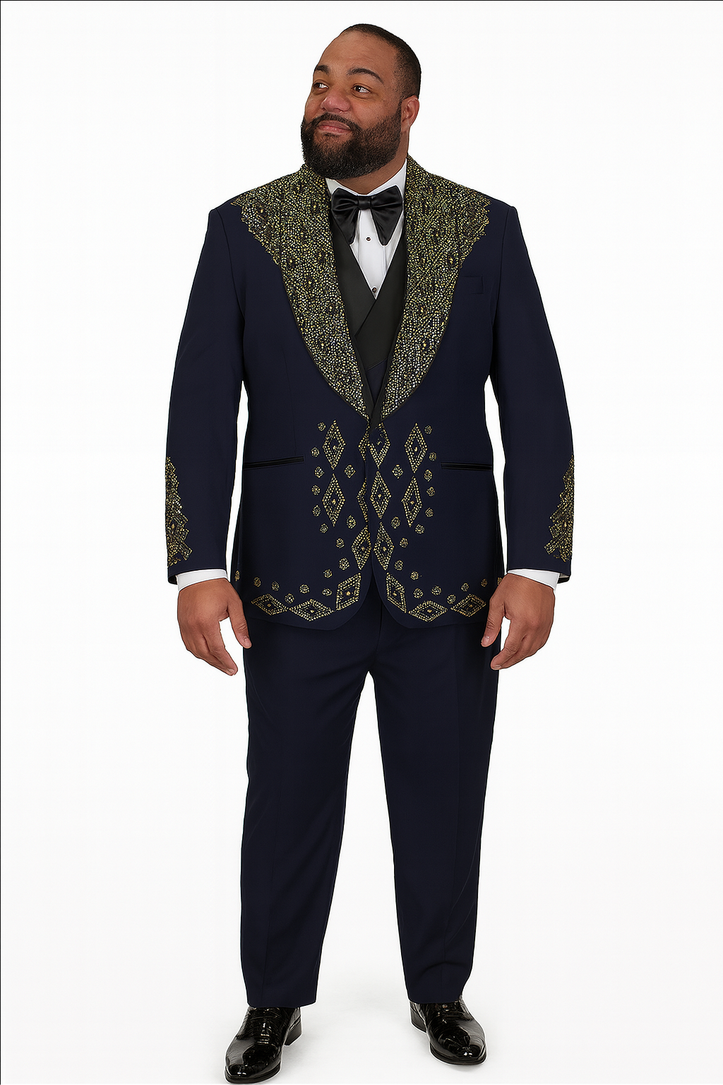 Men’s Navy Tuxedo with Gold Embroidery – Slim Fit Formal Dinner Jacket with Shawl Lapel