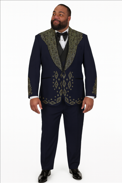 Men’s Navy Tuxedo with Gold Embroidery – Slim Fit Formal Dinner Jacket with Shawl Lapel