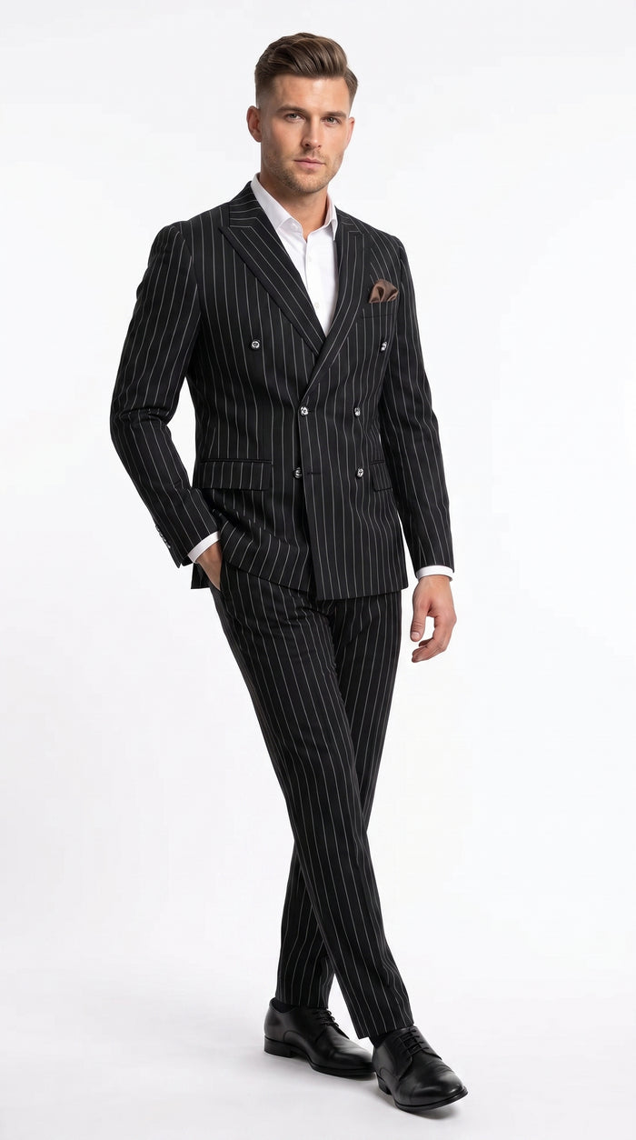 Men's Black Pinstripe Tuxedo Suit – Classic  & 1920s Gangster Formal Wear Vintage 1940s 1930s Look