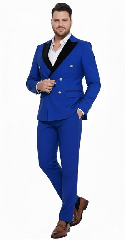 Mens Royal Blue Double-Breasted Tuxedo Suit – Modern Slim Fit Formal Wedding and Prom Outfit with Black Satin Lapel 4   - from alligatorwarehouse.com