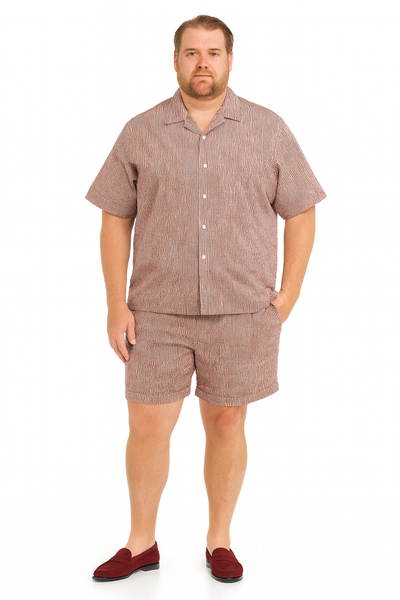 Men’s Burgundy Redish Seersucker Short Set Walking Suit – Two-Piece Cuffed Shorts with Expandable Waist 6   - from alligatorwarehouse.com