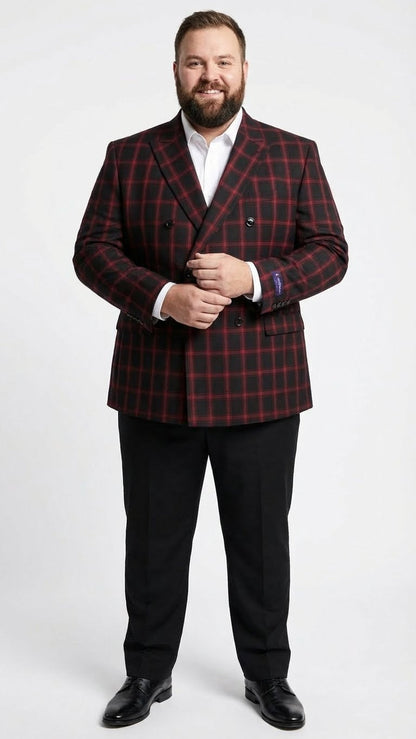 Men’s Black and Red Check Double Breasted Blazer – Sport Coat Jacket Windowpane Sportcoat Slim Fit