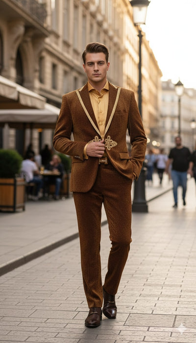Mens Bronze Shiny Velvet Suit – Designer Party and Wedding Wear Blazer and Pant Set Brown and Gold Tuxedo 6   - from alligatorwarehouse.com