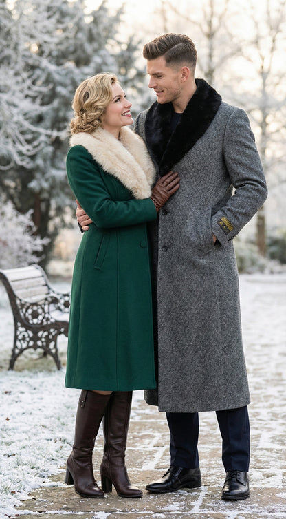 Men's Grey Herringbone Tweed Long Overcoat with Black Faux Fur Collar, Classic Winter Topcoat