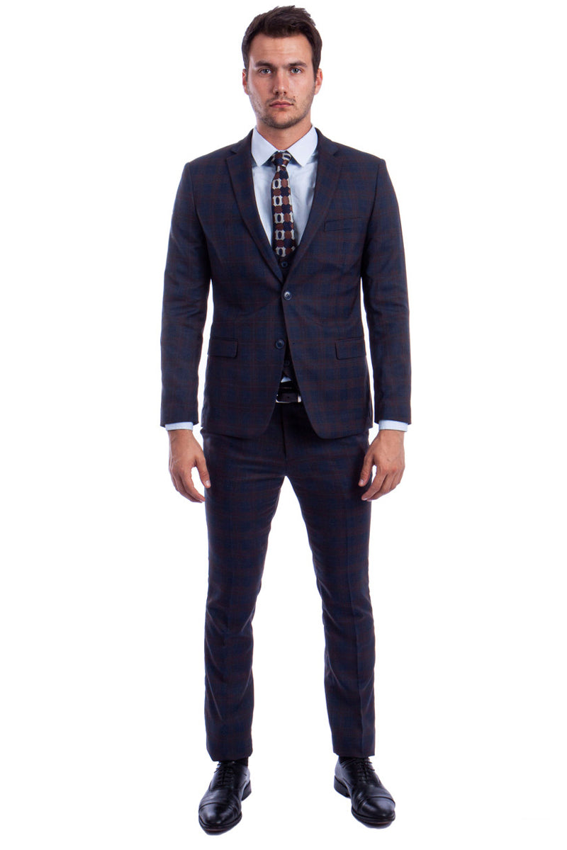 "Men's Fit Two Button Plaid Suit with Low Cut Vest - Blue & Brown"