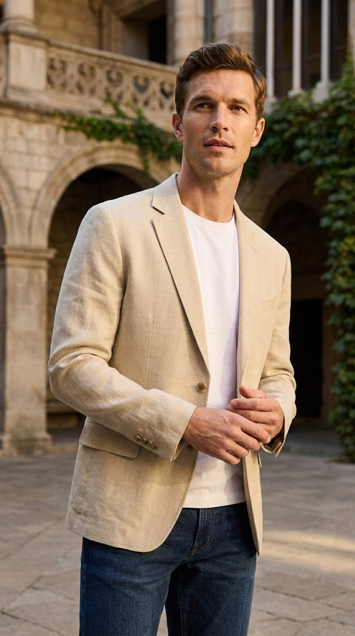 Men’s Khaki Linen Sport Coat – Lightweight Beige Blazer for Summer Weddings & Smart Casual Wear