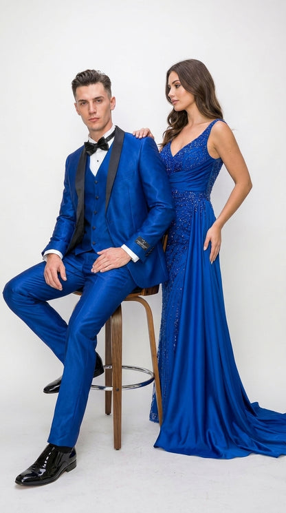 Men’s Shiny Royal Blue 3 Piece Tuxedo – Vested Wedding & Prom Suit with Black Shawl Lapel