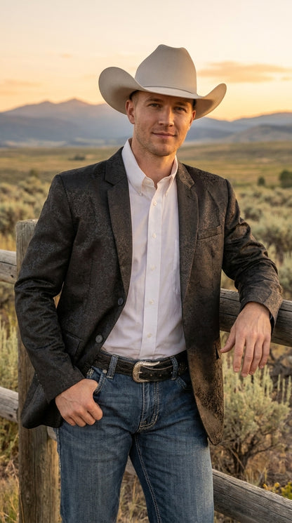Men’s Black Western Paisley Blazer – Cowboy Jacquard Sport Coat