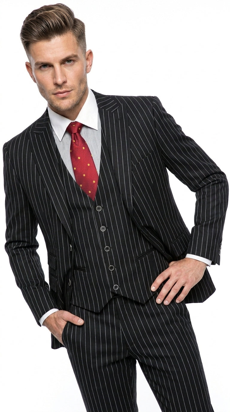 Men’s Gomez Addams Black Pinstripe 3 Piece Suit – Vintage Gangster Gothic Style Suit