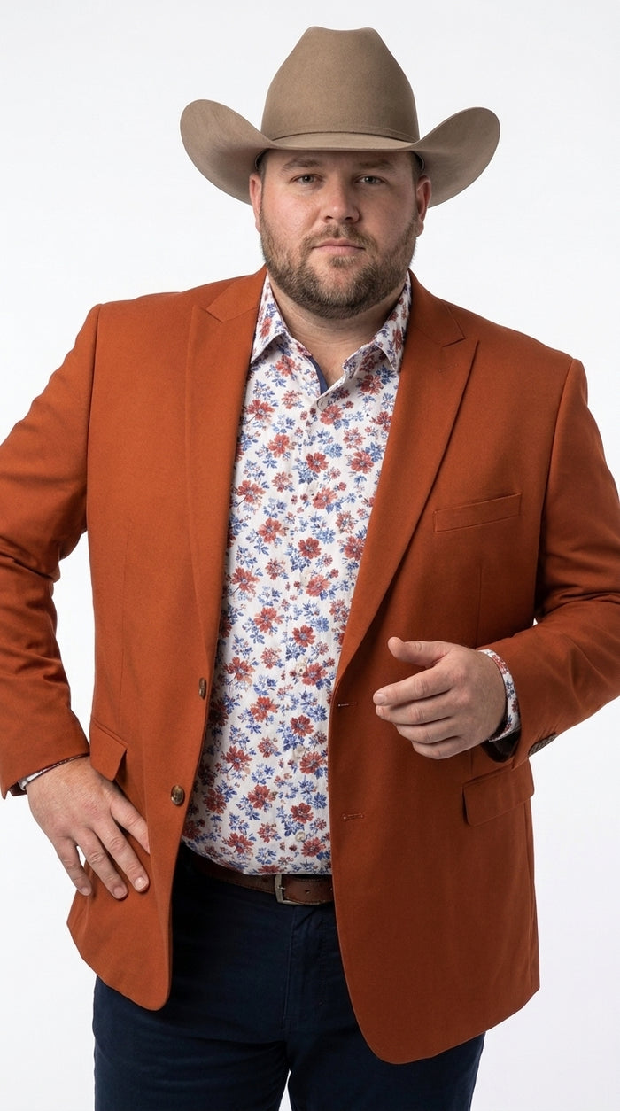 Men’s Rust Cowboy Western Blazer – Copper Brick  Color Two Button Sport Coat Peak Lapel Modern Fit
