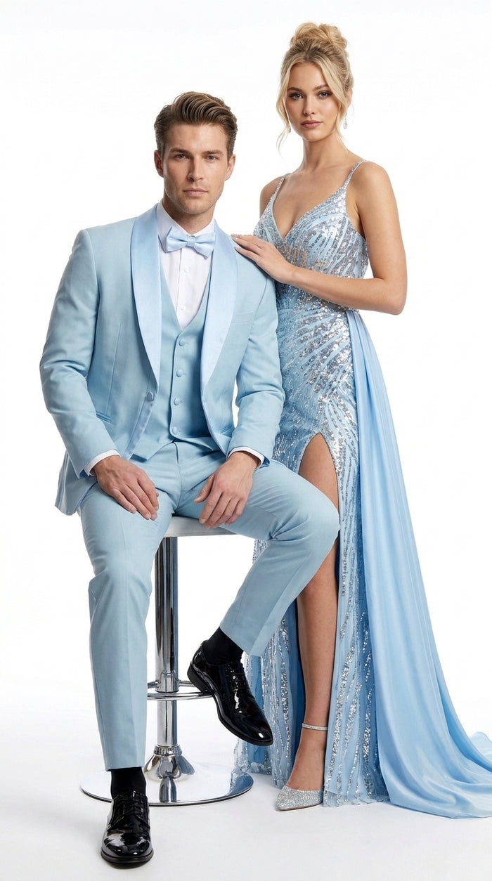 Men’s Powder Blue 3-Piece Tuxedo – Light Blue Wedding & Prom Suit with Vest in Light Blue Sky Color