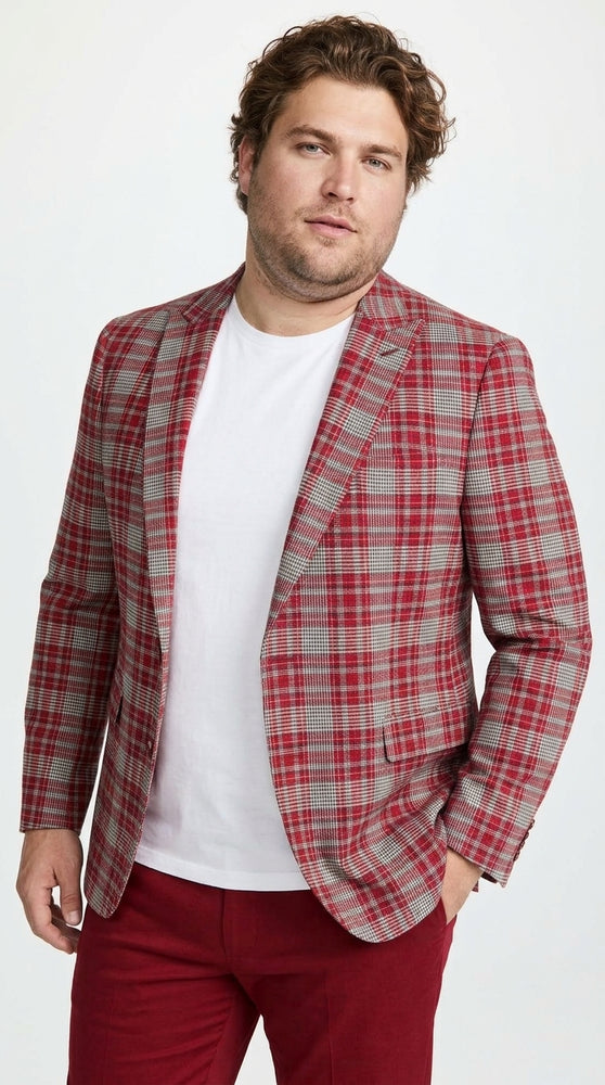Men's Red Tartan Plaid Blazer Checkered Sport Coat Holiday New Year Gray Windowpane