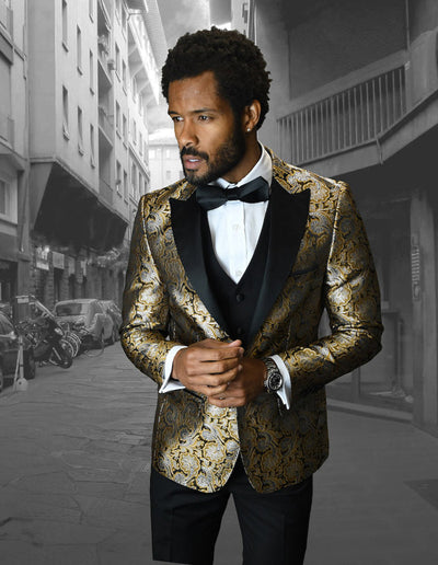 Mens Vested One Button Peak Lapel Shiny Floral Tuxedo in Gold 1 BELLAGIO-4_GOLD_38L  - from alligatorwarehouse.com
