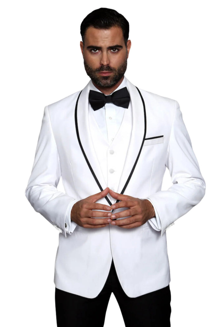 3-Piece Tailored Fit Wool Suit with Bow Tie and Flat Front Pants - White