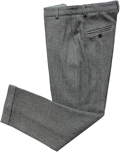 Mens Vintage Tweed Dress Pants Slacks Trousers Regular Fit Suit Pants in Grey