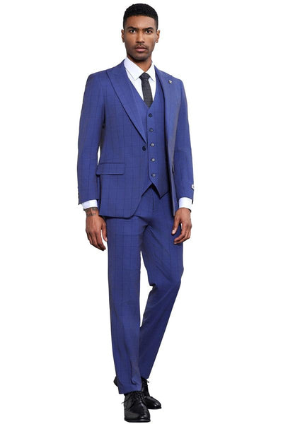 Men's Stacy Adams Modern Fit Vested Tonal Windowpane Plaid Suit in French Blue 3 SM186H1-03-38R  - from alligatorwarehouse.com
