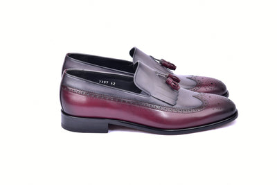 C00018-7397 Wing tip Kiltie Tassel Loafer-Burgundy/Grey