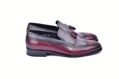 C00018-7397 Wing tip Kiltie Tassel Loafer-Burgundy/Grey