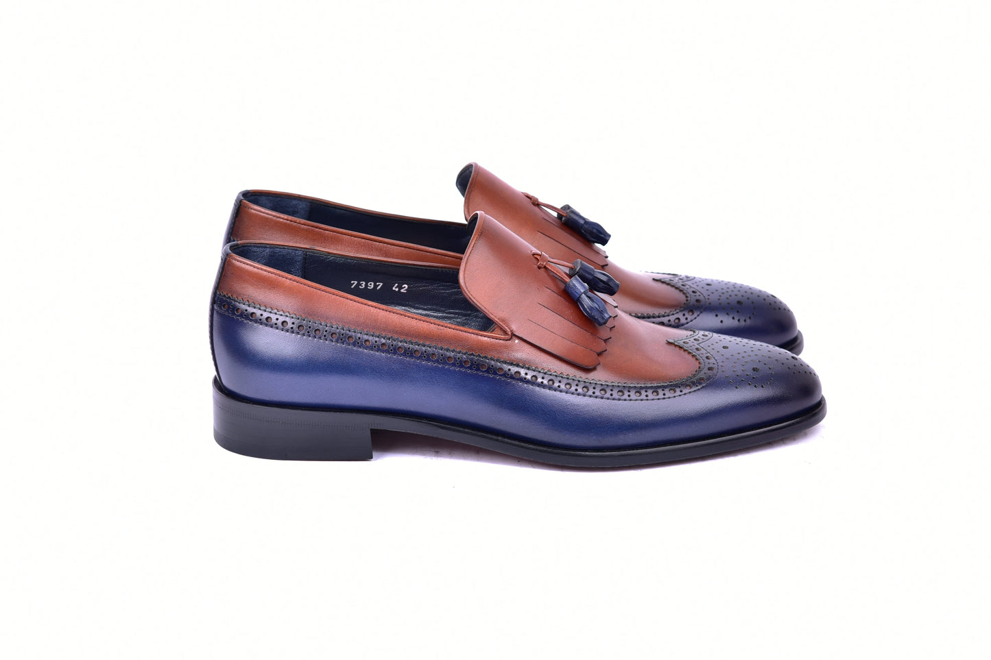 C00019-7397 Wing tip Kiltie Tassel Loafer-Navy/Tan