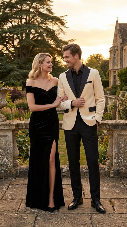 Men’s Ivory Dinner Jacket - Cream Velvet Blazer with Black Satin Lapel | Wedding and Party Formal Sport Coat in off white