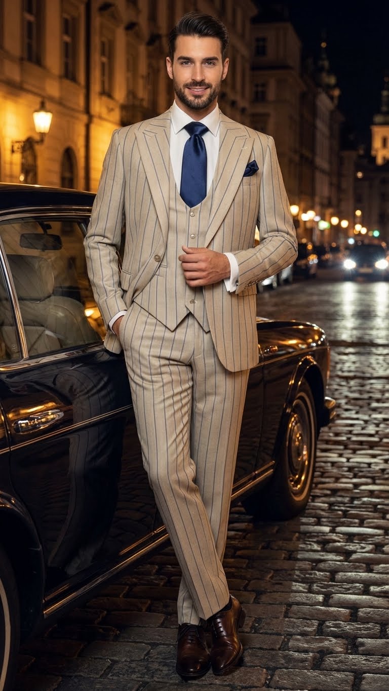 Men's Beige with blue Pinstripe Three-Piece Suit with Vest by Rossiman Vested Peak Lapel in Tan Stripe 1920s style