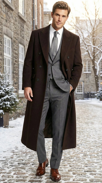 Men’s Brown Long Overcoat – Double Breasted Classic Formal Winter Coat for Business, Topcoat and Cold Weather Wear