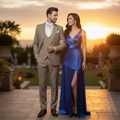 Men’s Beige Pinstripe Three-Piece Suit – Classic Fit Formal Suit with Vest and Flat-Front Pants in Tan Stripe By Rossiman 7   - from alligatorwarehouse.com