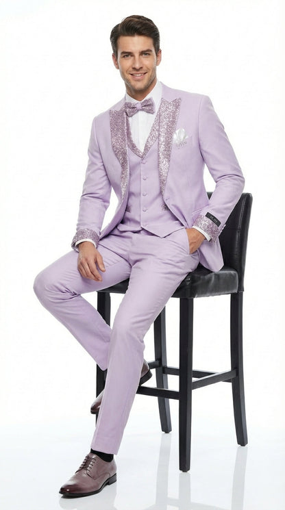 Men’s Lilac Suit with Silver Glitter Sequin Lapel – Lilac and Silver Formal Tuxedo Suit for Prom, Wedding  Lavender Tuxedo