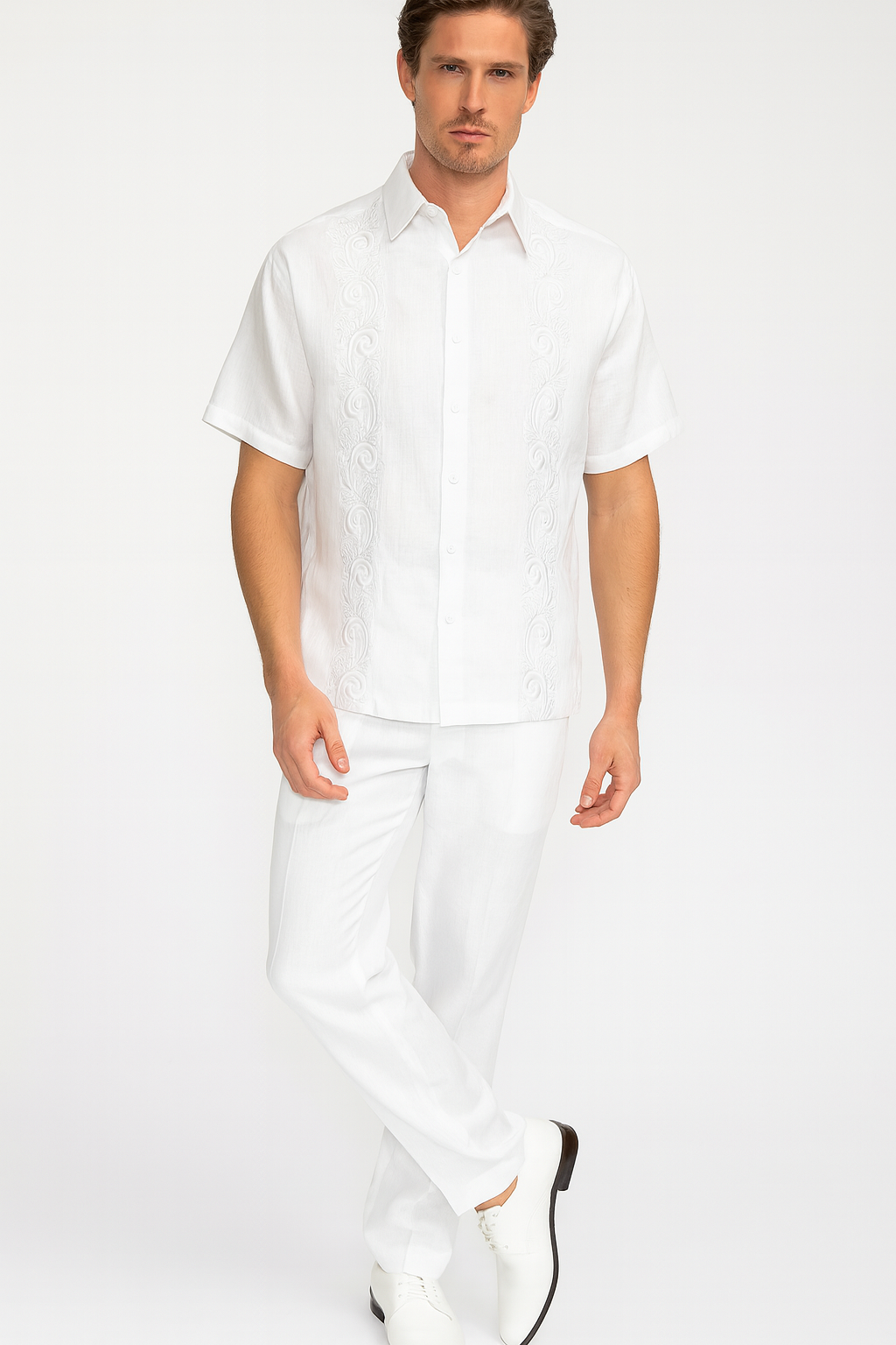 Men’s Linen White Embroidered Guayabera Two-Piece Set – Short Sleeve Shirt and Pants - Summer Walking Suit 1   - from alligatorwarehouse.com