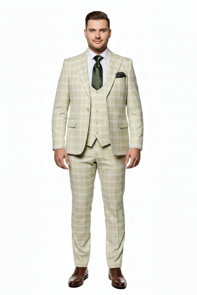 Men’s Light Beige Check 3-Piece Suit Set – Premium Tailored Fit Formal Wedding and Spring Event Suit Light Tan Sand Color By Rossiman 1   - from alligatorwarehouse.com