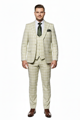 Men’s Light Beige Check 3-Piece Suit Set – Premium Tailored Fit Formal Wedding and Spring Event Suit Light Tan Sand Color By Rossiman