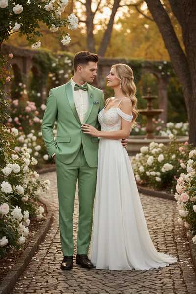Men’s Mint Green Tuxedo – 2-Piece Formal Suit with Satin Shawl Lapel and Matching Bow Tie in  Sage Green 2   - from alligatorwarehouse.com