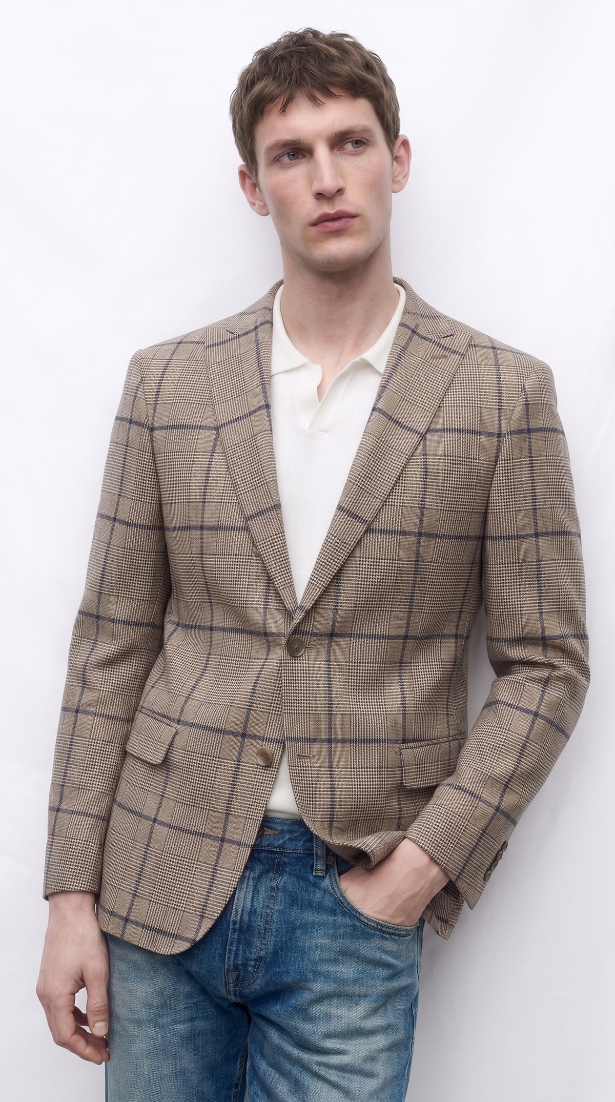 Men’s Tan Beige Peaky Blinders Glen Plaid Blazer English Style Textured Wool Winter Sport Coat Checkered Windowpane