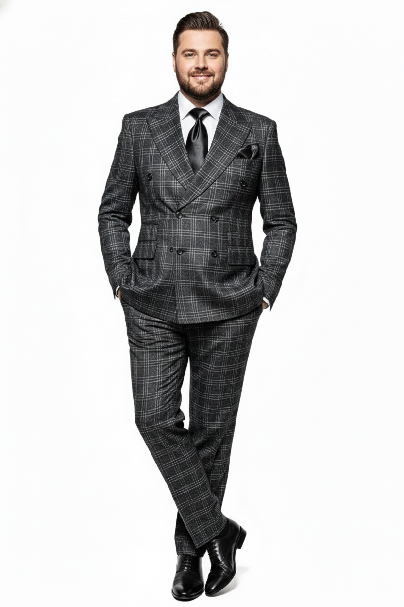 Men’s Charcoal Plaid Double-Breasted Suit –  Tailored Pants Windowpane Pattern By Rossiman