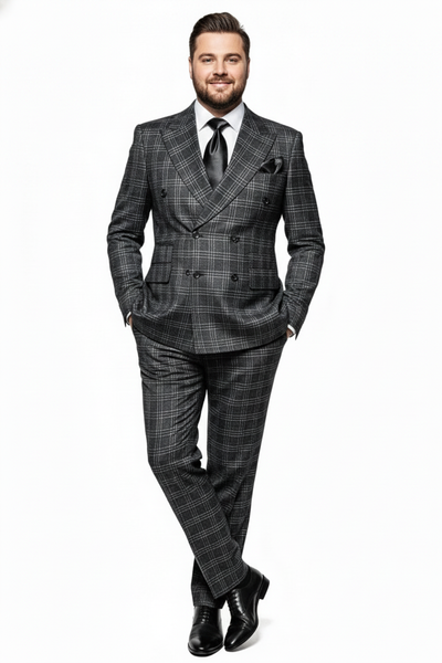 Men’s Charcoal Plaid Double-Breasted Suit –  Tailored Pants Windowpane Pattern By Rossiman 1   - from alligatorwarehouse.com
