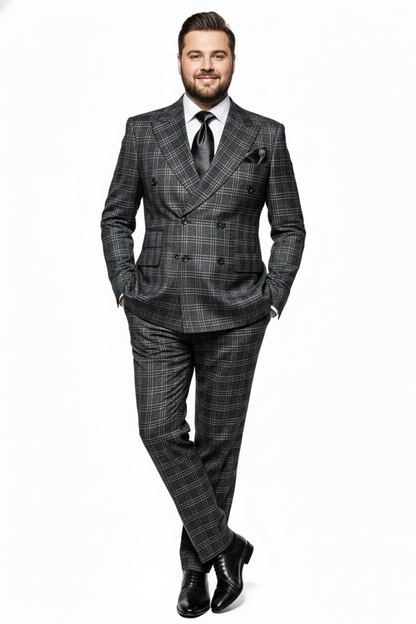 Men’s Charcoal Plaid Double-Breasted Suit –  Tailored Pants Windowpane Pattern By Rossiman