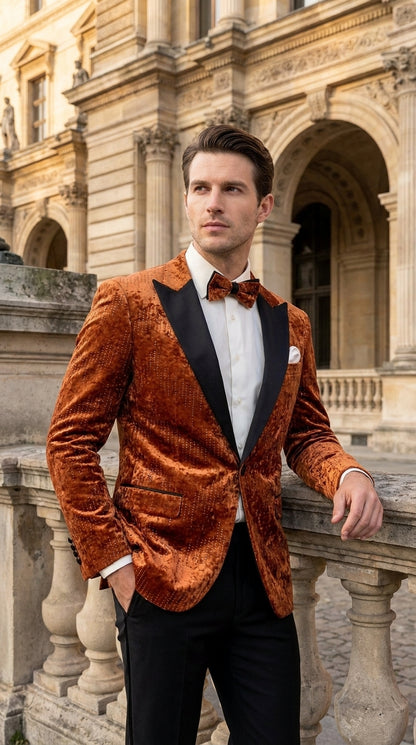 Men’s Burnt Orange Sequin Velvet Blazer – Kingsman Golden Bee Inspired Black Peak Lapel Dinner Jacket