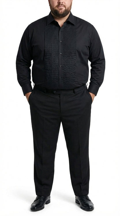 Men’s Black Pleated Tuxedo Dress Shirt | Formal Laydown Collar Button-Up Shirt for Weddings & Black Tie By Tiglio