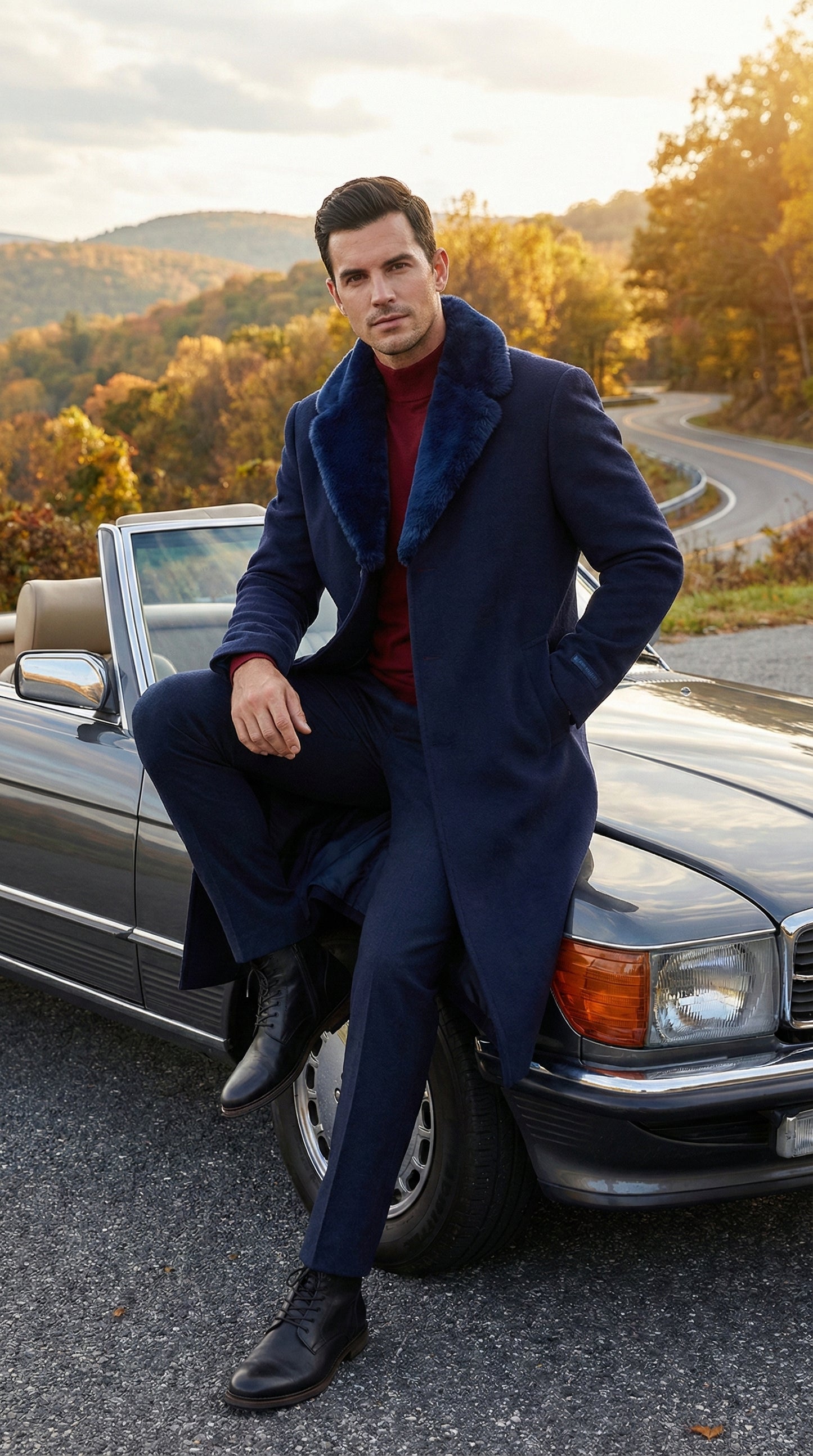 Men’s Dark Navy Blue Long Overcoat with Faux Fur Collar, Classic Winter Dress Coat for Formal