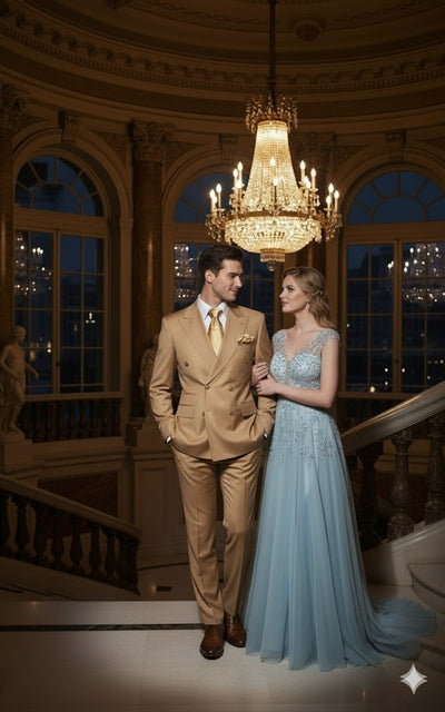 Mens Camel - Bronze - Goldish khaki Double-Breasted Suit – Luxury 2-Piece Formal Set with Gold Buttons and Peak Lapels by Rossi Man 7   - from alligatorwarehouse.com