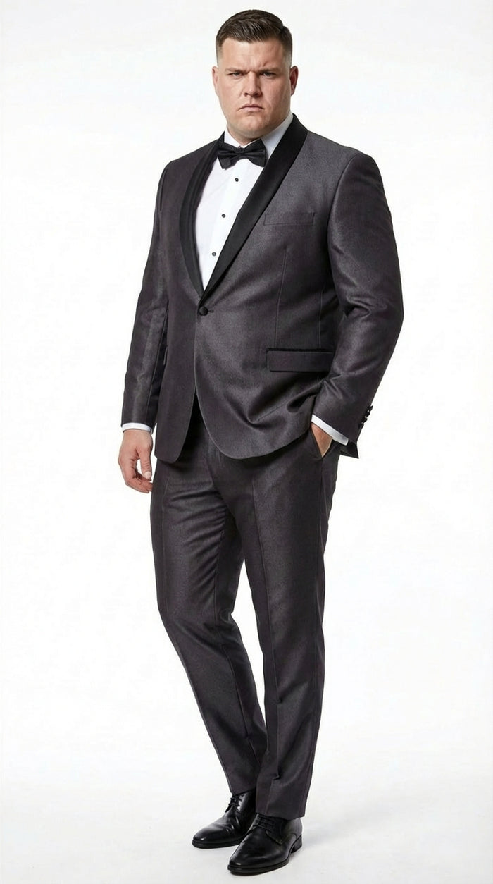 Men’s Shiny Sateen Charcoal Gray Tuxedo Three Piece Suit with Black Shawl Lapel | Formal Wedding Prom Suit Sharkskin