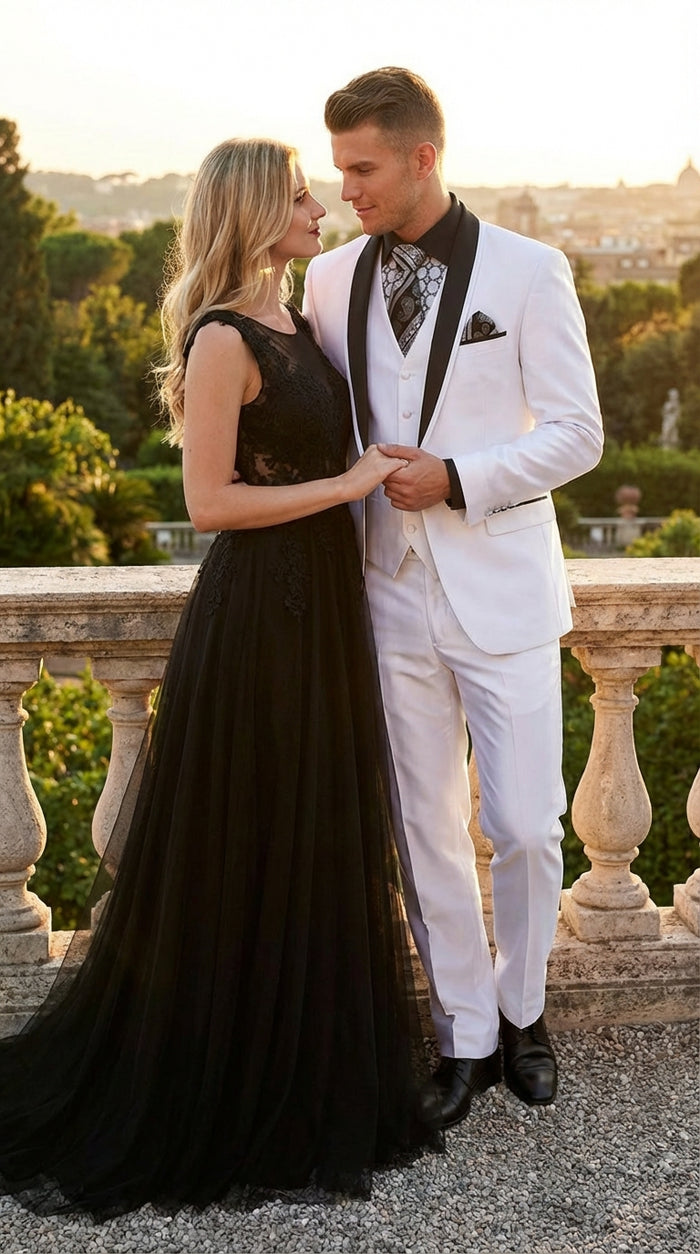 Men’s White Shiny Flashy Fabric Tuxedo Suit with Black Shawl Lapel | Luxury Formal Wedding and Evening Suits Sharkskin Metallic Fabric