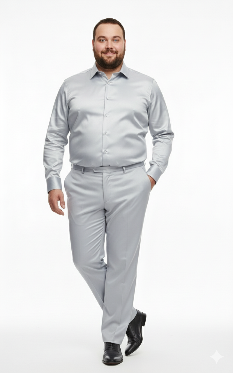 Men’s Silver Satin Dress Shirt and Pants Set – Luxury Slim Fit Outfit for Parties, Weddings, and Formal Events