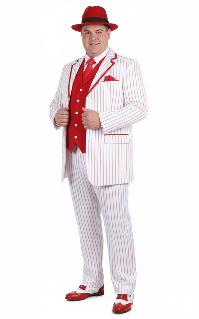 Men’s 1920s White and Red Pinstripe Zoot Suit with Fedora Hat and Wingtip Shoes – Vintage Gangster 3-Piece New Year Holiday Christmas Suit 2   - from alligatorwarehouse.com