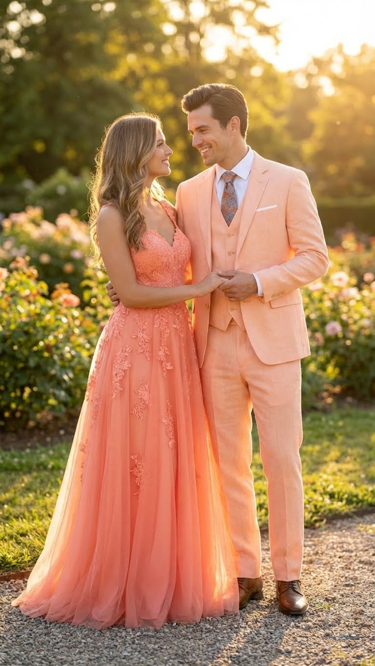 Men’s Light Peach 3 Piece Suit Set with Vest, Prom Wedding Dress Suit