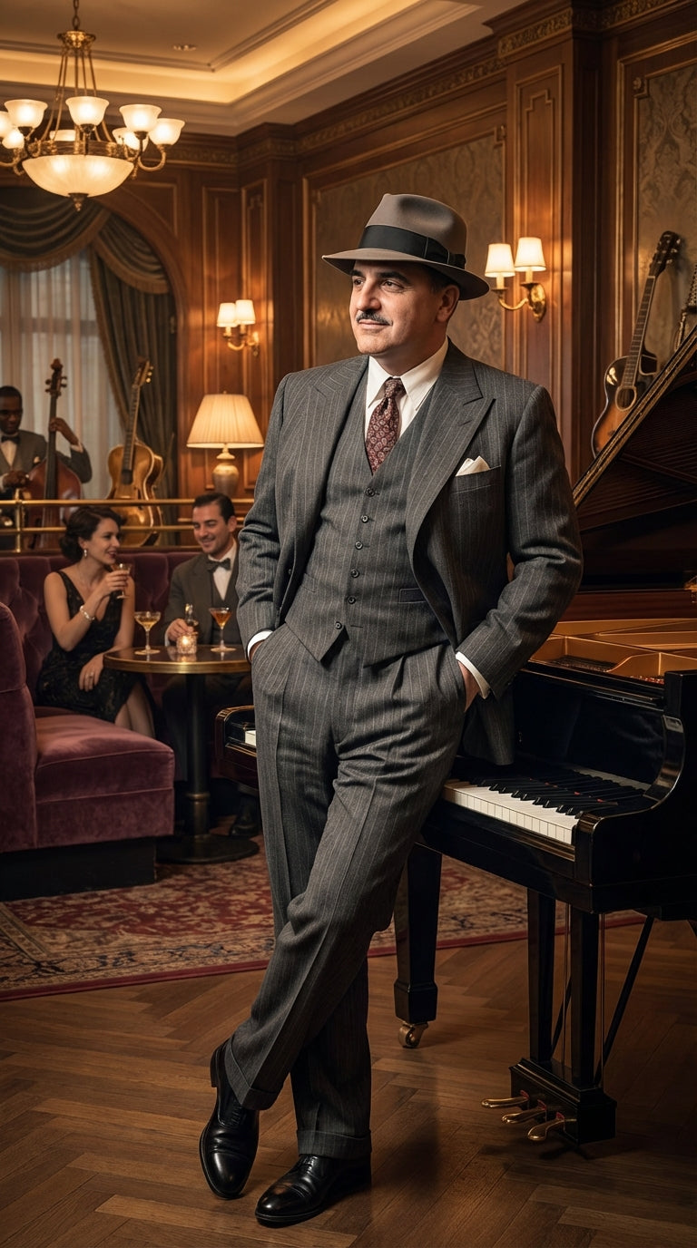 Al Capone Men’s Charcoal Gray Stripe 3-Piece Gangster Style Suit – 1920s Jazz Club Inspired Formal Suit Outfit